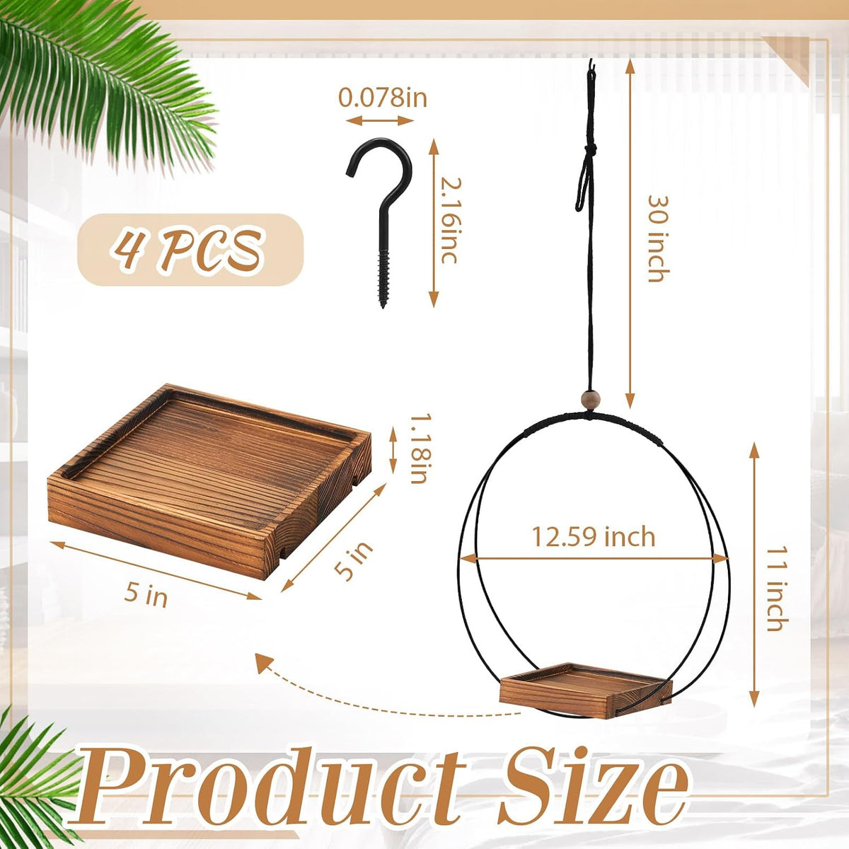 Geelin 4 Pcs Hanging Plant Holder with Wood Base Window Planter Boho, Brown