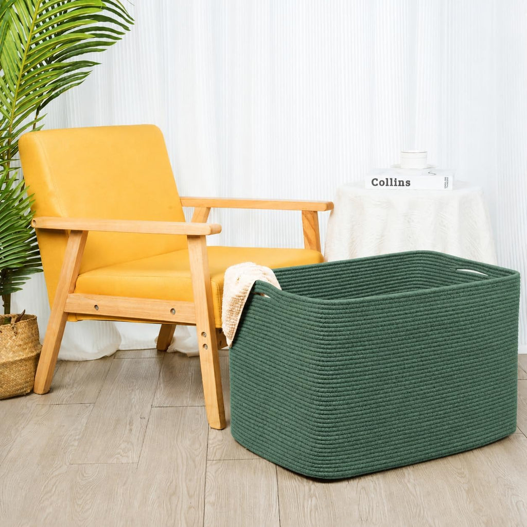 MINTWOOD Design 112L Extra Large Blanket Basket Holder Living Room, 25"x17"x16" Rectangle Rope Woven Storage Basket with Handles for Laundry, Towels, Shoes, Dog Toy Organizer Bin Box, Green