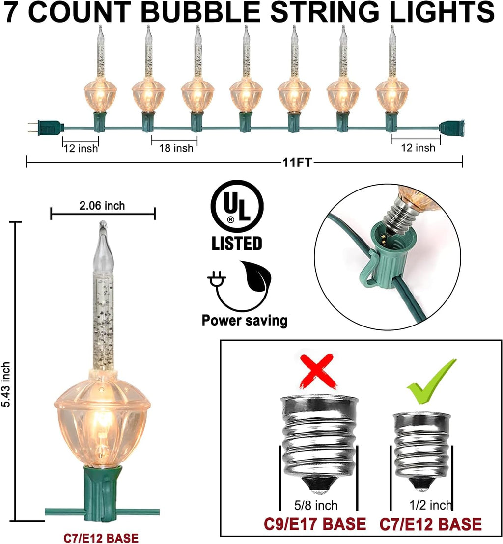 Christmas Bubble Lights,11 Ft Vintage Bubble Light String Set, 8 Bubble Fluids with Sliver Glitter (Plus 1 Spare Bulbs) C7/E12 Candelabra Base UL-Listed for Holiday Christmas Lighting Green Wire