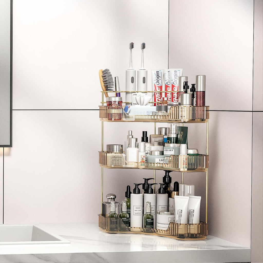 Corner Bathroom Counter Organizer with Top Toothbrush Holders, 3-Tier Make Up Organizers for Vanity with Brush Holder, Corner Storage for Bathroom, Kitchen, Dresser