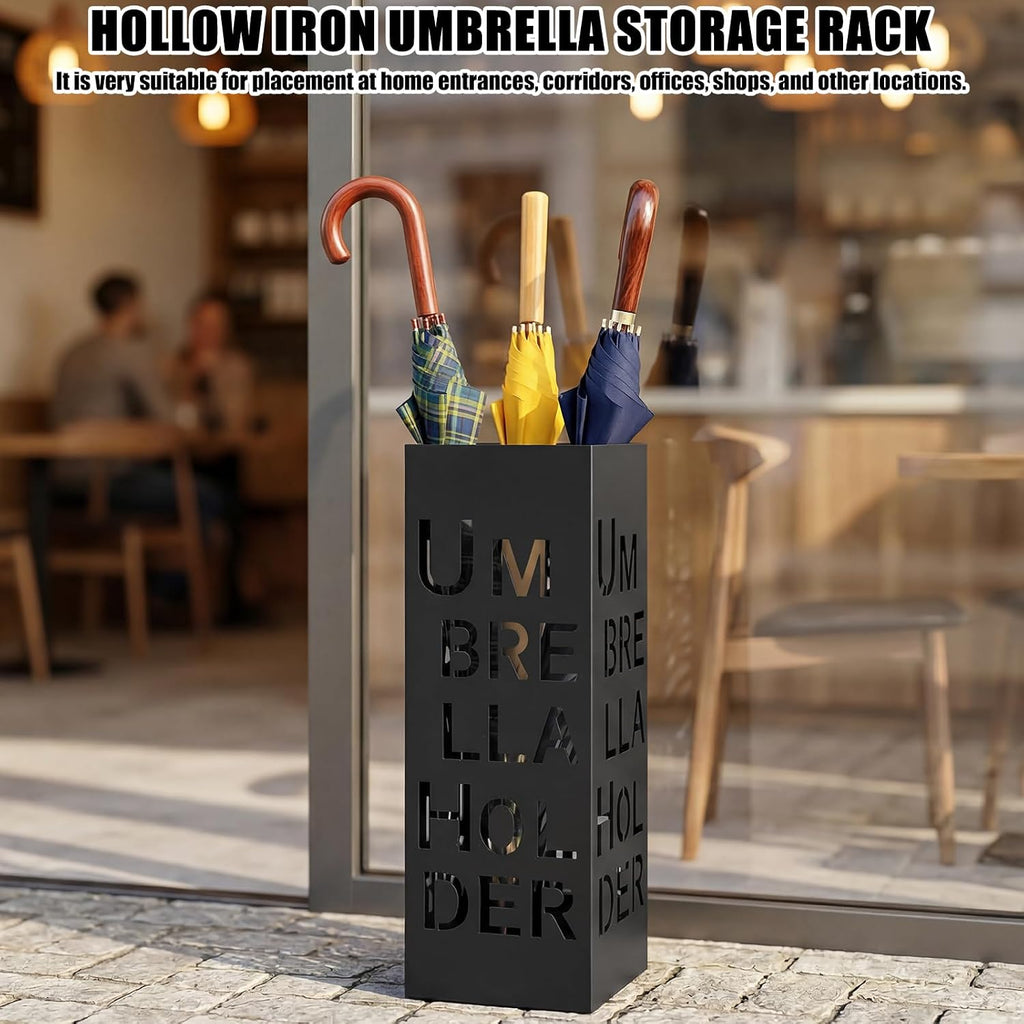 Square Metal Umbrella Holder, Square Free Standing Umbrella Rack Decorative Umbrella Holder Hollow Cutout Pattern Design for Umbrella Cane Entryway Home Office 19.49" X 6.1" X 6.1"(Black hollowed out)
