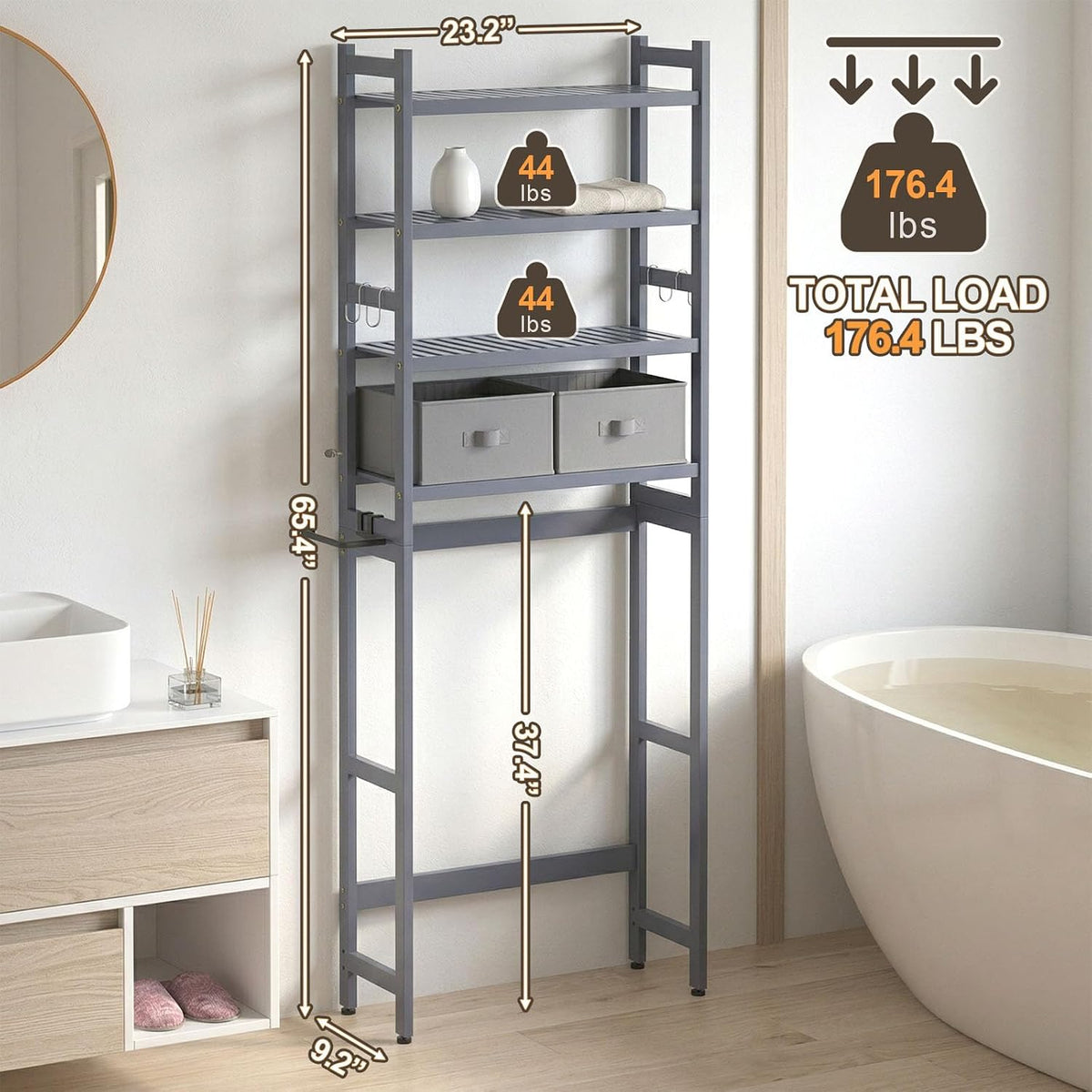 Homde Bathroom Over Toilet Storage Rack: Adjustable 4-Tier Bamboo (Grey)