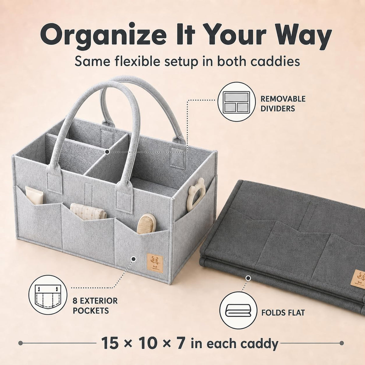 HIPHOP PANDA 2-Pack Diaper Caddy Organizer - Nursery Storage Bin & Car Organizer for Diapers, Wipes, and Baby Essentials - Dual-Color Solid Set (Dark Grey/Grey), Large Size