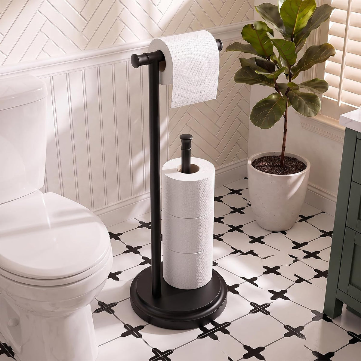 Hoimpro Toilet Paper Holder Stand Bathroom Free Standing Matte Black