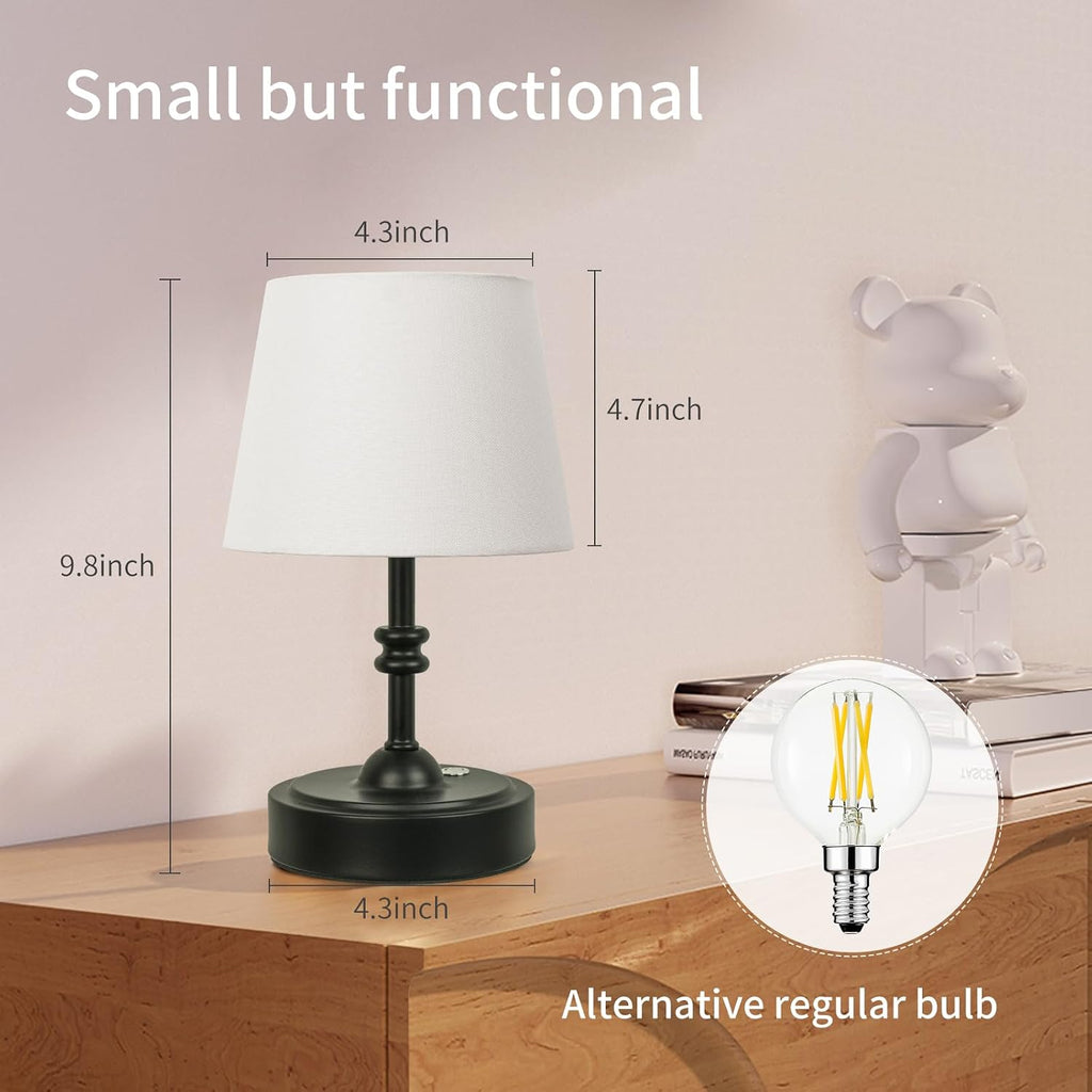 ONEWISH Small Cordless Lamp Dimmable-Battery Operated Table lamp, 4000mAh Rechargeable, Touch Bedside Lamp with White Fabric Shade, 2700K Bulb Included, for Dining, Patio, Bathroom(Black)