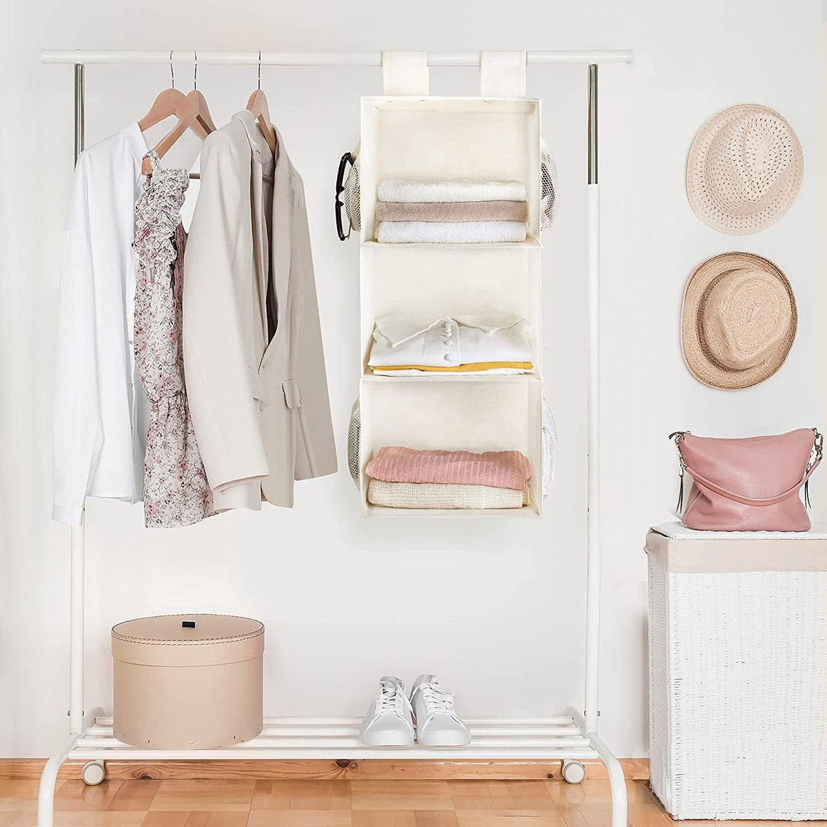 MAX Houser 2 Pack 3 Shelf Hanging Closet Organizer with 2 Velcro, Beige