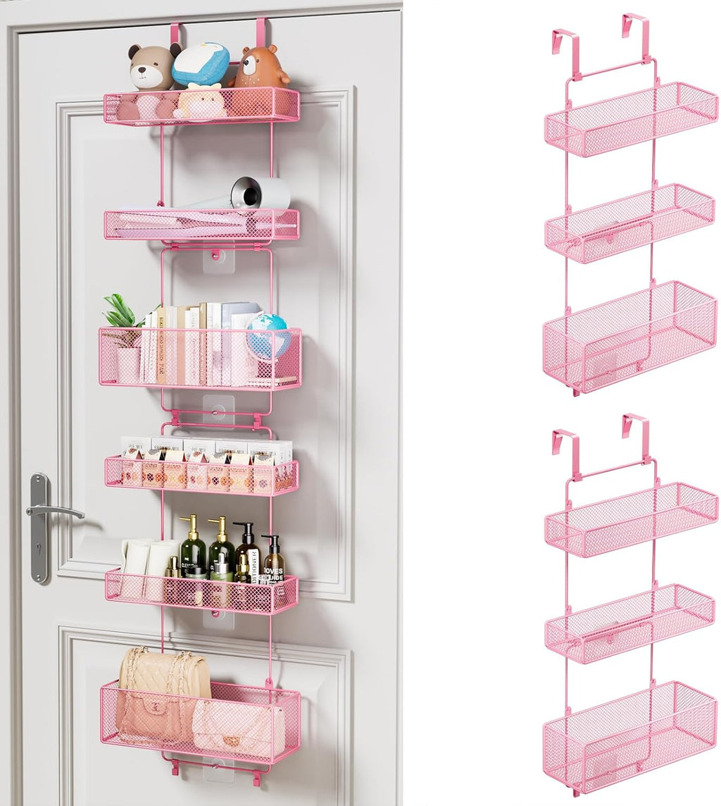 HapiRm Over Door Organizer Storage - Separable Door Organizer Hanging with 6 Metal Large Capacity Baskets for Bathroom Bedroom Kitchen Pantry Closet (Pink)
