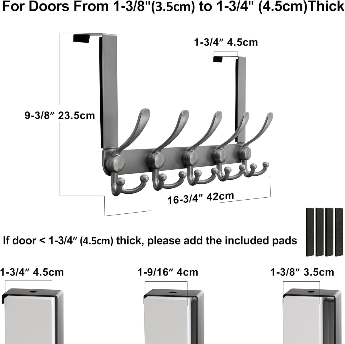 Dseap Over Door Hook 2.0 - Upgraded Version - Simple-Assembly, Strong, Heavy-Duty Stainless Steel 5-Tri-Hook Over The Door Hanger Rack, SimpleStrong Series, Grey, Pack of 2