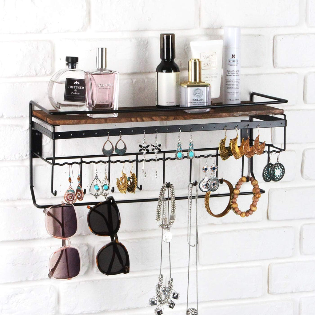 JackCubeDesign Hanging Jewelry Organizer with 9 Hooks, Wall Mount Necklace Earring Bracelet Sunglass Holder with Torched Wood Shelf (Black Metal) - MK237C