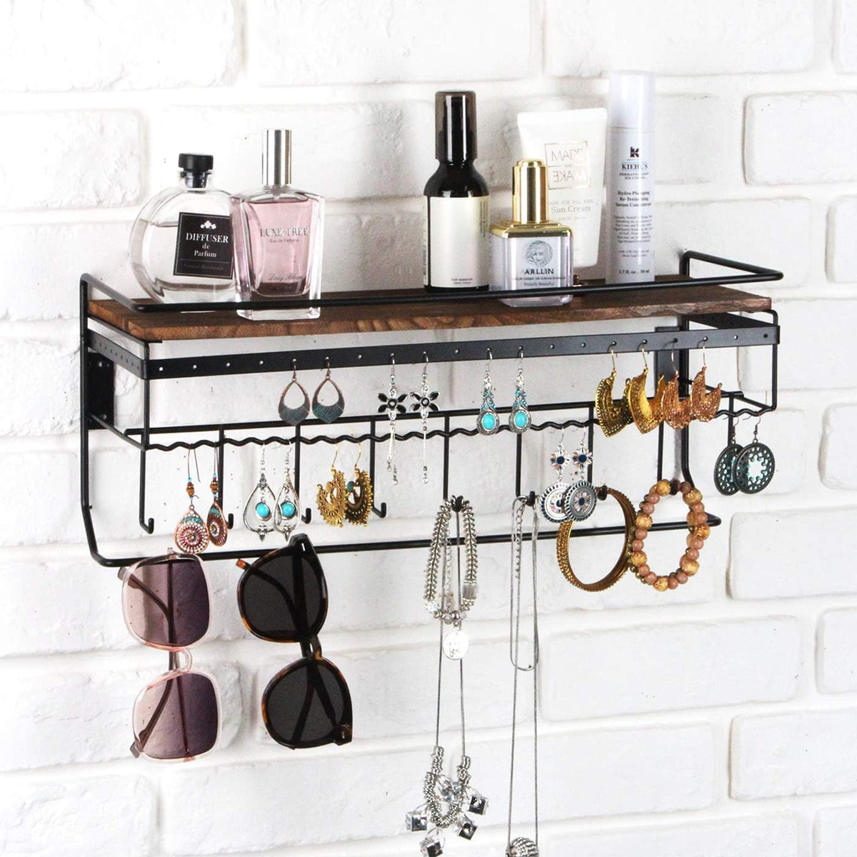 JackCubeDesign Hanging Jewelry Organizer with 9 Hooks, Wall Mount Necklace Earring Bracelet Sunglass Holder with Torched Wood Shelf (Black Metal) - MK237C