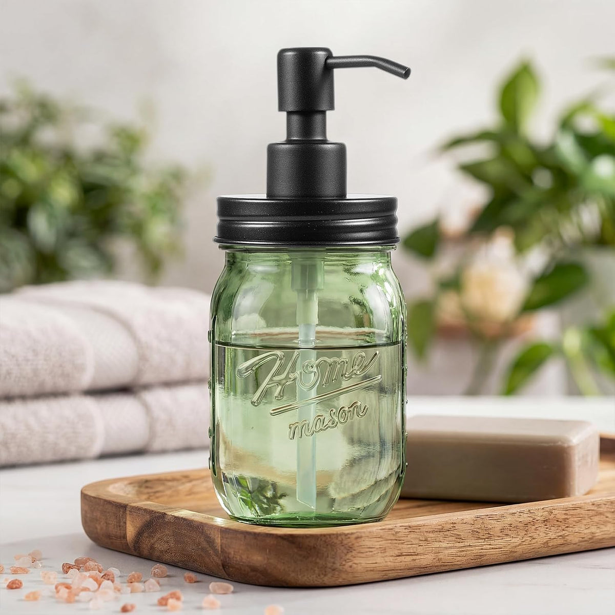 Amolliar Green Glass Mason Jar Liquid Soap Dispenser, 16OZ, Black 2 Pack