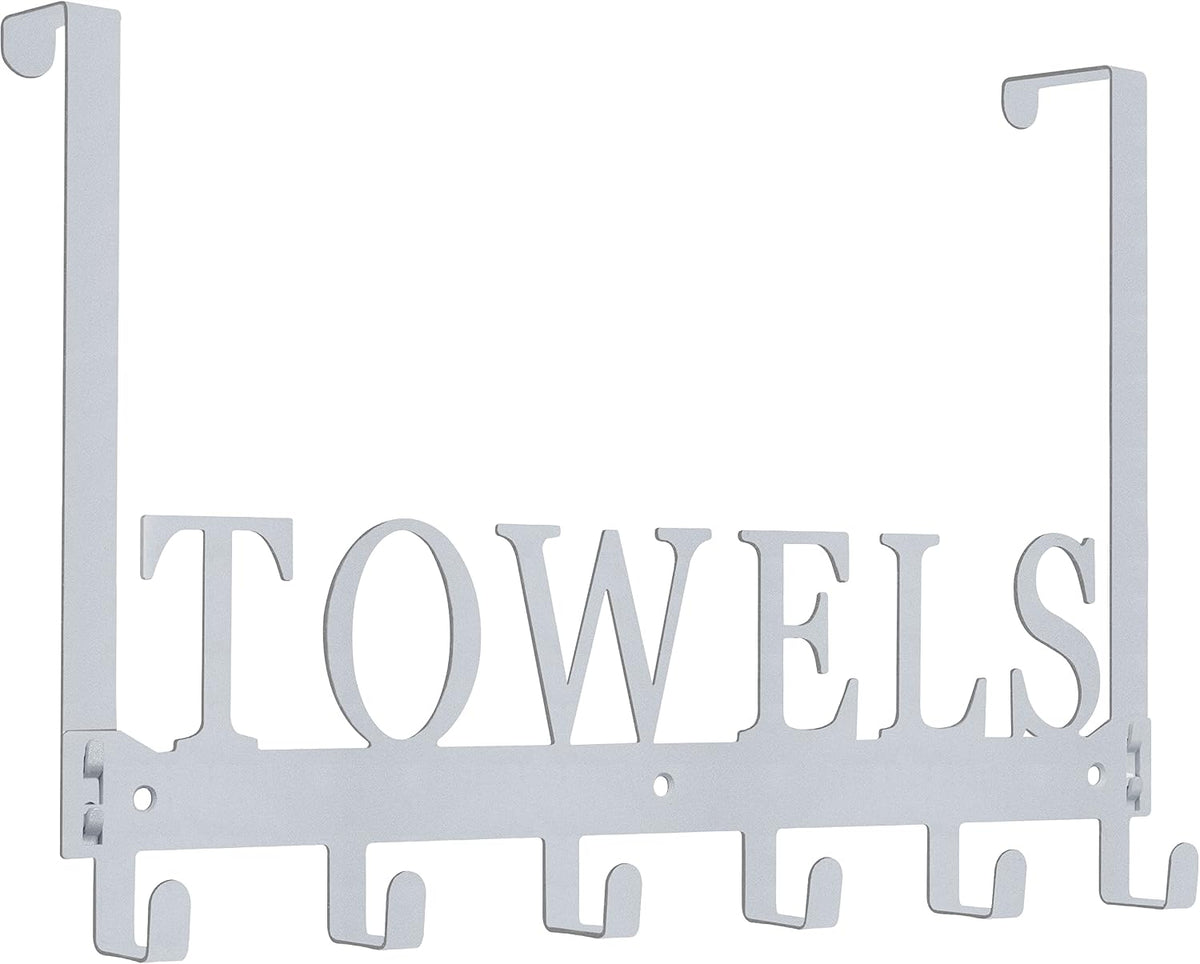 Over The Door Hooks, Towel Rack for Bathroom, Door Mount Towel Hooks Bath Towel Hanger for Bedroom Kitchen Pool Beach Towels Bathrobe Wall Mount Towel Holder for Bathrooms (6 Hooks, Silver Grey)