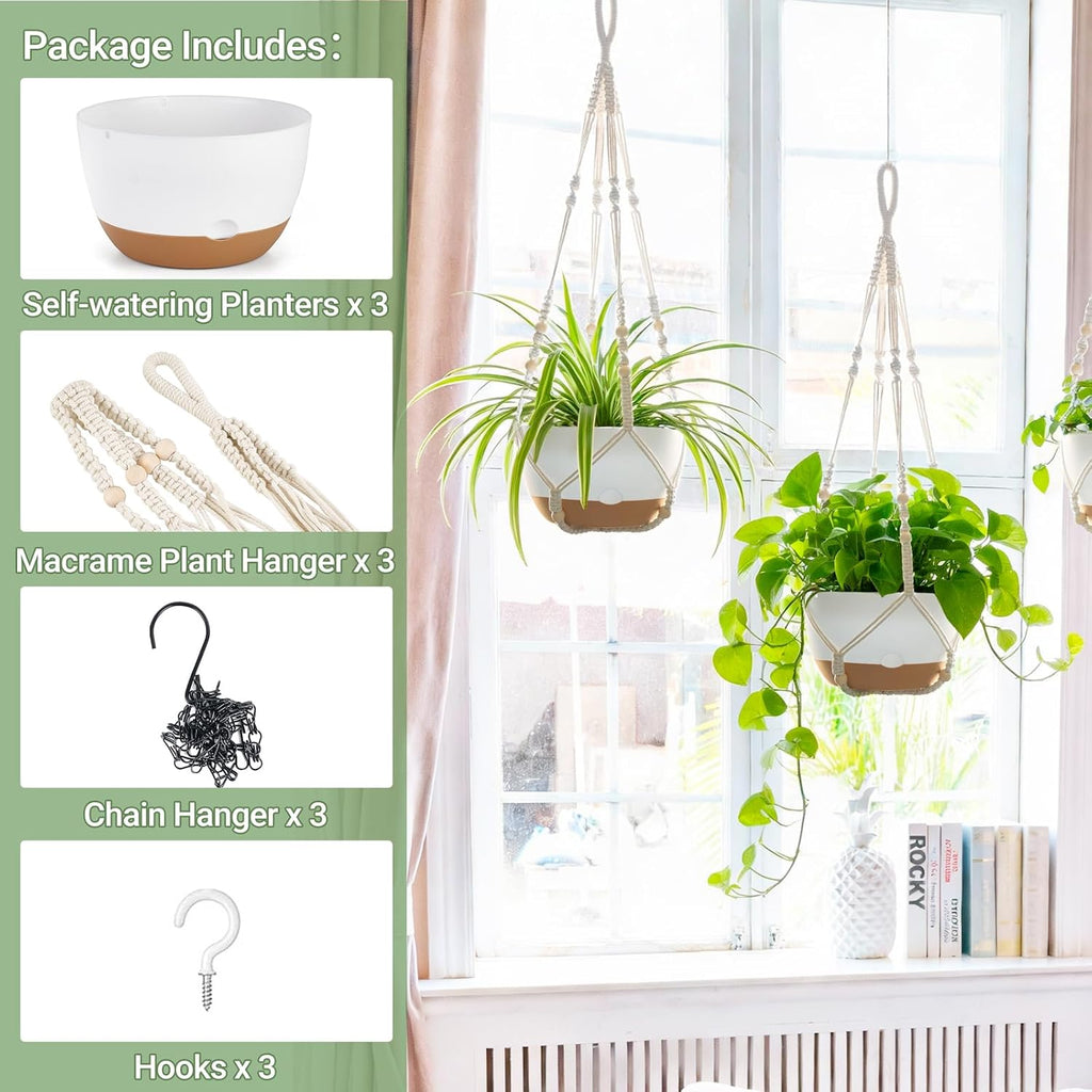 Mkono 3 Pack 10 Inch Hanging Planters for Indoor Plants with Self Watering
