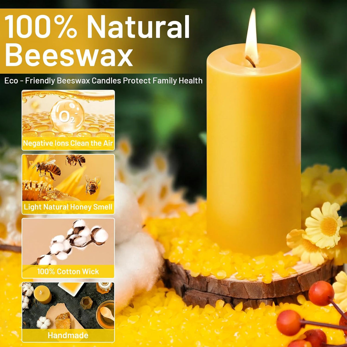 6 Pack Natural Beeswax Pillar Candles, Organic Unscented Candles