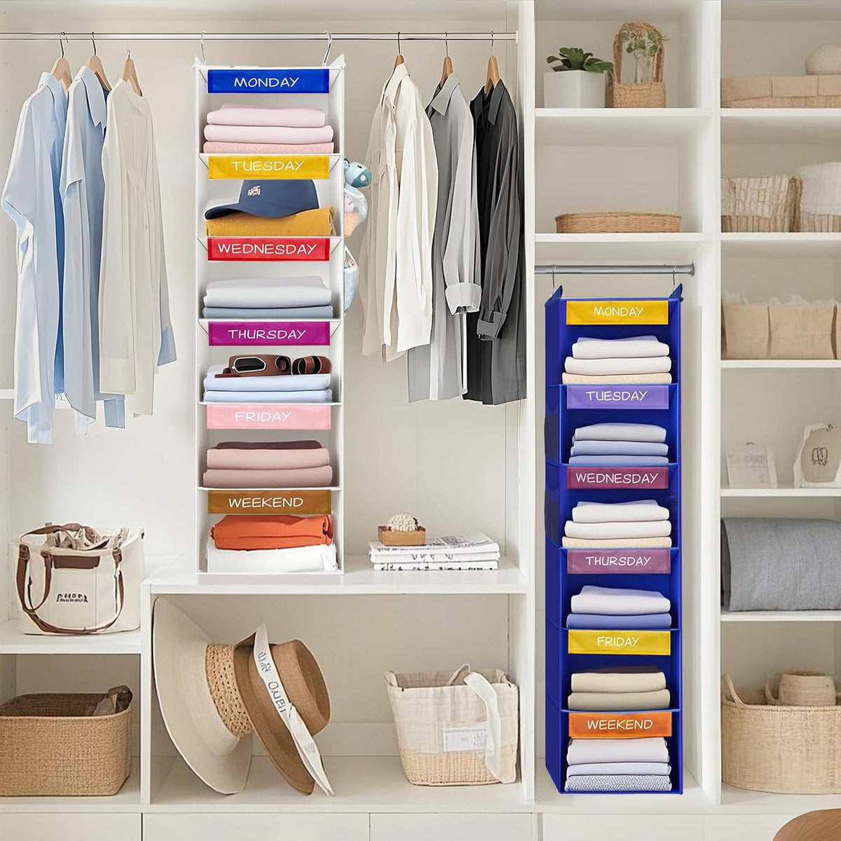 homyfort Weekly Clothes Organizer for Kids, 6-Shelf Hanging Closet Organizer with Colorful Labels, Space Saving Design with 2 Pockets, Daily Hanging Closet Shelves for Kids Room Storage, Blue