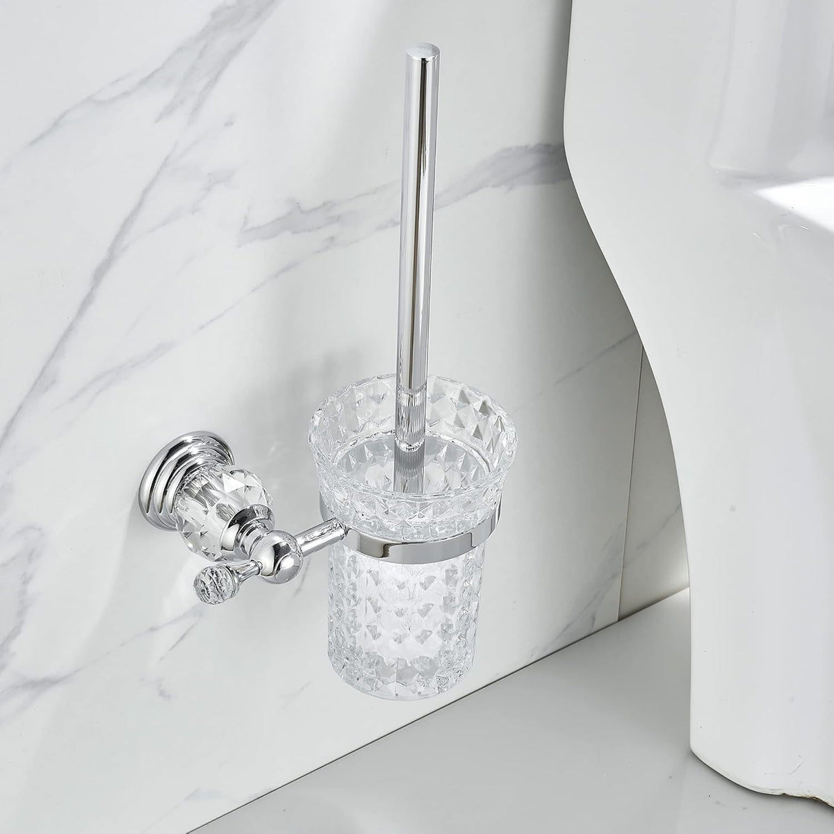 WOLIBEER Crystal Toilet Brush Holder, Chrome Toilet Cup Set with Polished Silver Brush Handle Wall Mounted for Bathroom - Decorative Design,Space Saving.