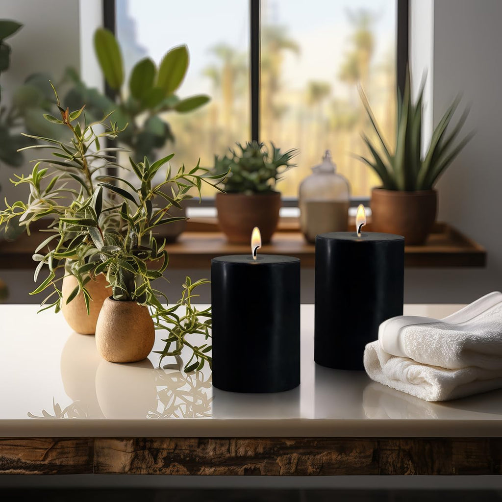 2.75x3.25 Inch Black Pillar Candles Set of 6 - Decorative Unscented, Long Burning Dripless Candle for Home Table Decor, Smokeless Large Pillar Candles for Wedding, Dinner, Halloween, Christmas Decor