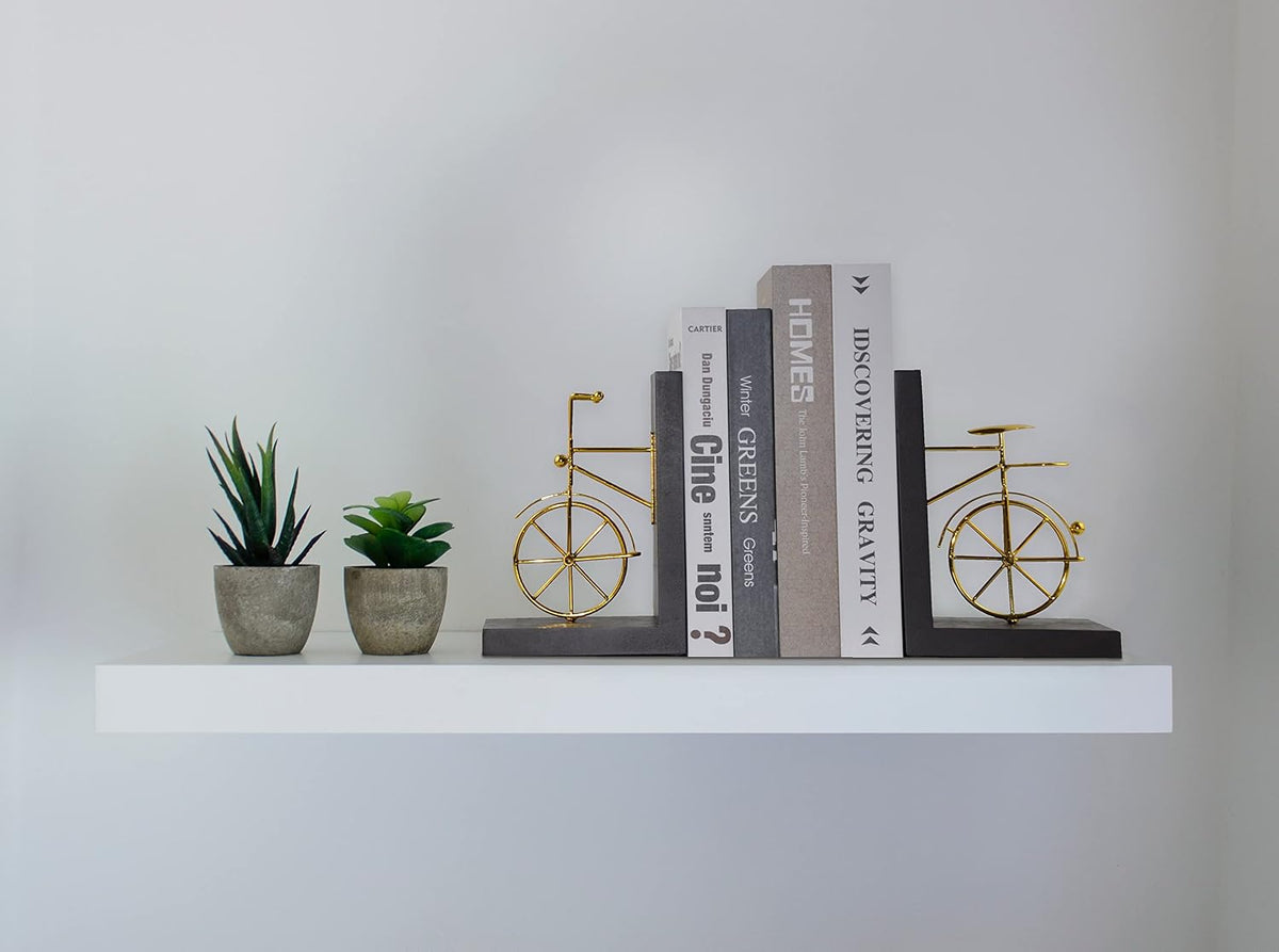 Bicycle Bookend Supports, Decorative Book Stoppers with Non-Skid Bottom, Handcrafted Distressed Wood & Metal Book Stand, Display for Bookshelf Office Desktop, 1-Pair, Golden & Brown
