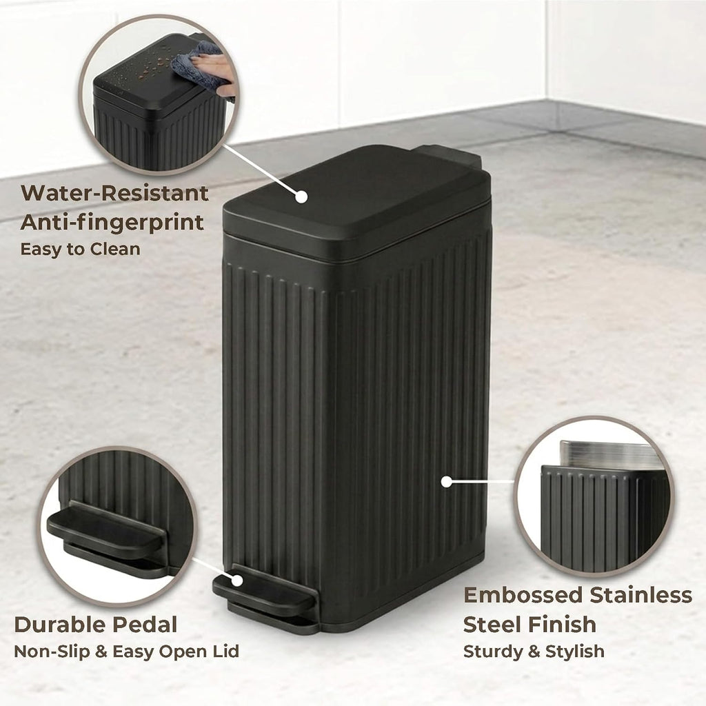 Slim Bathroom Trash Can with Lid, 2 Gallon, Stainless Steel, Fluted