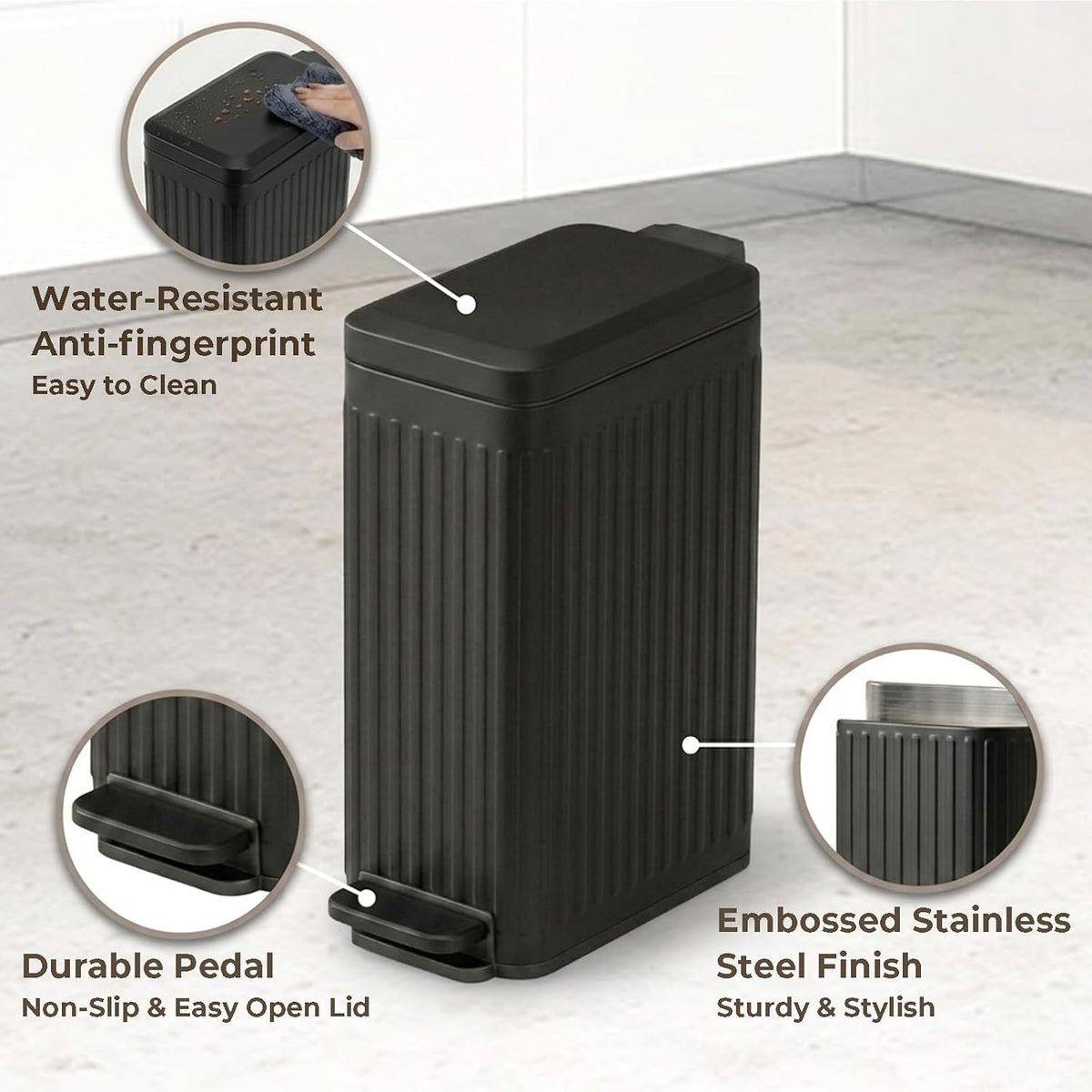 Slim Bathroom Trash Can with Lid, 2 Gallon, Stainless Steel, Fluted