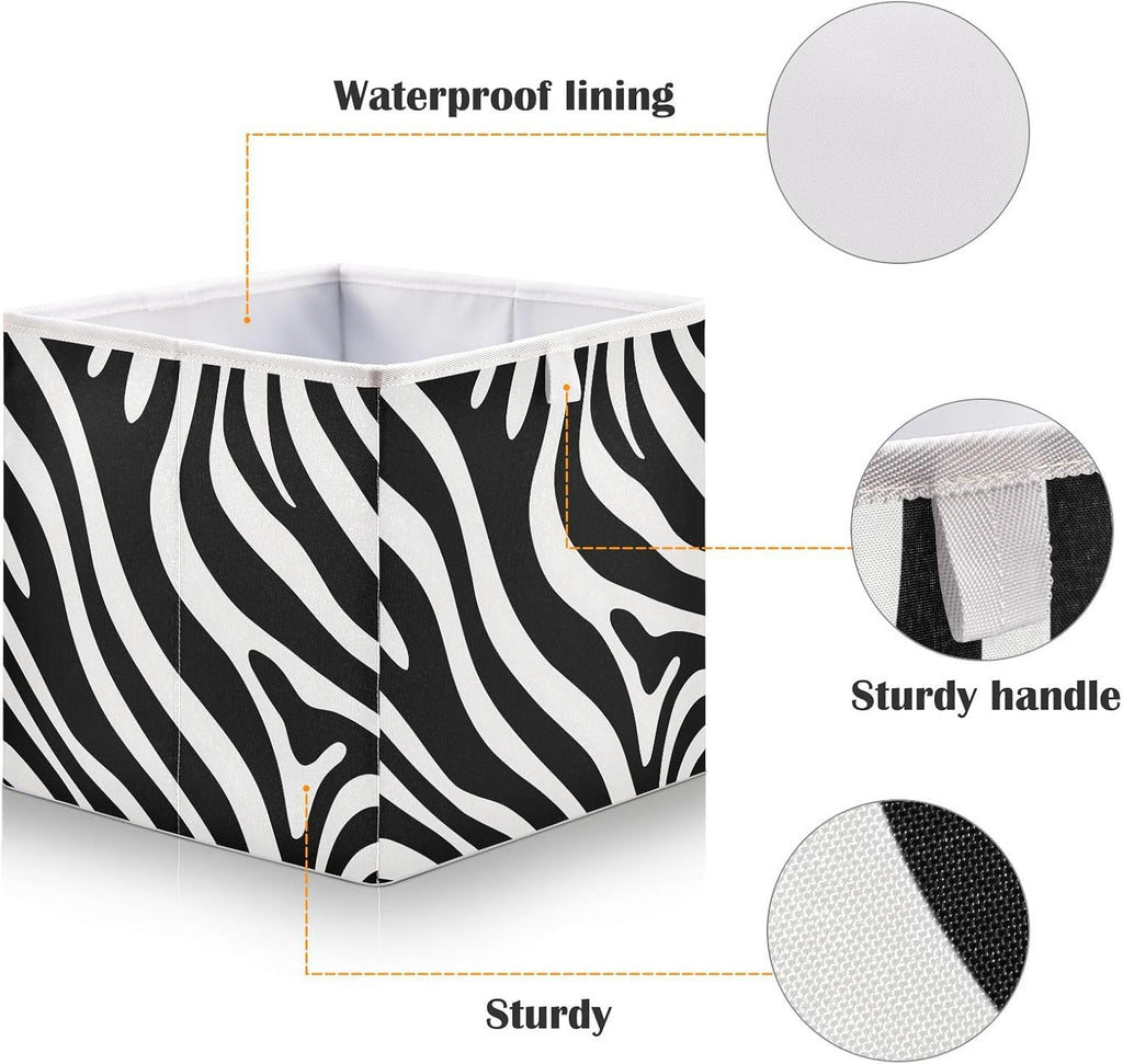 Black and White Zebra Print Cube Storage Bins Collapsible Fabric Storage Baskets Large Clothes Organizer Box for Bedroom Living Room Study Room 11×11×11 In