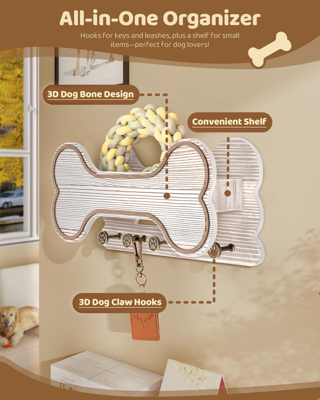 MTERSN Dog Leash Holder for Wall with Key Hooks for Dog Lover Gift, White