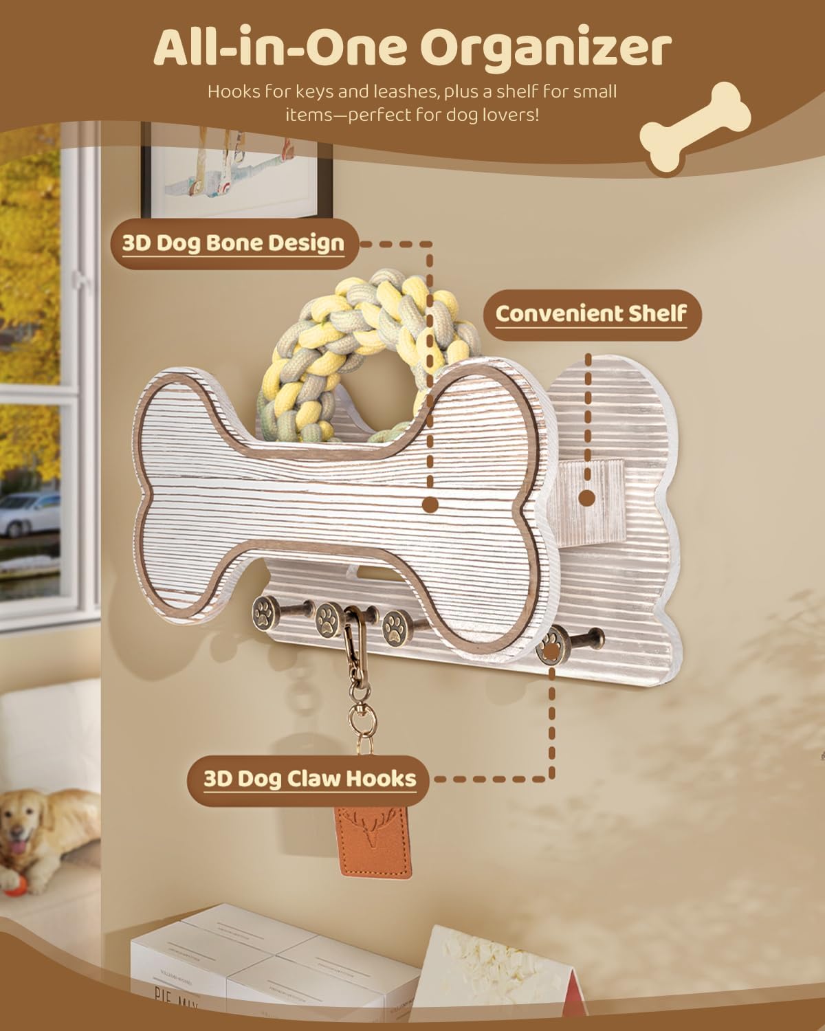 MTERSN Dog Leash Holder for Wall with Key Hooks for Dog Lover Gift, White