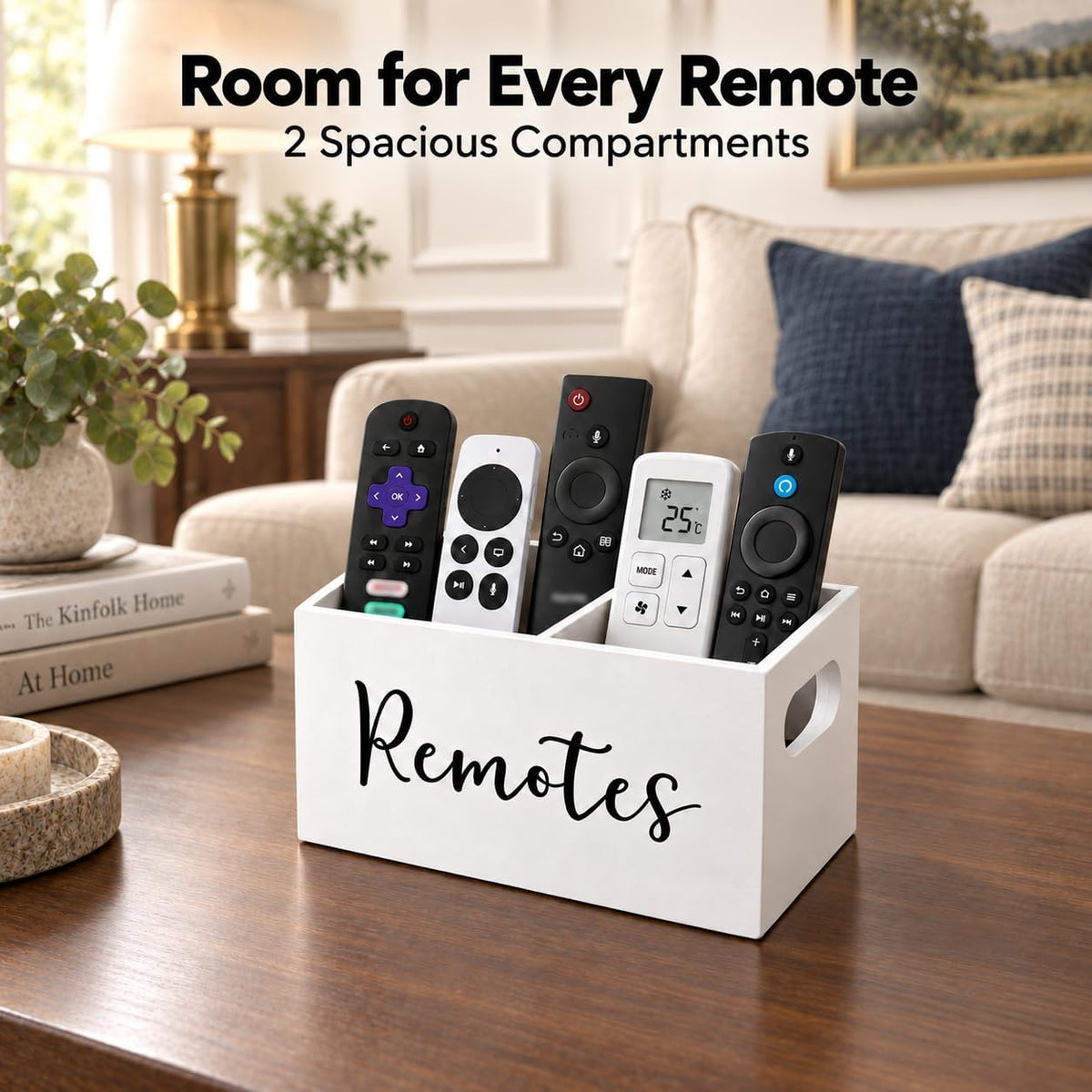 Wooden Remote Control Holder, White, 2 Slots