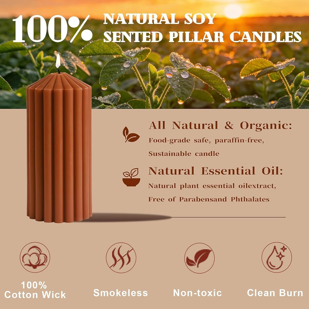 Ribbed Decorative Pillar Candles, 3 Pack,2.8 x 4/6/8 Inch, Burnt Orange