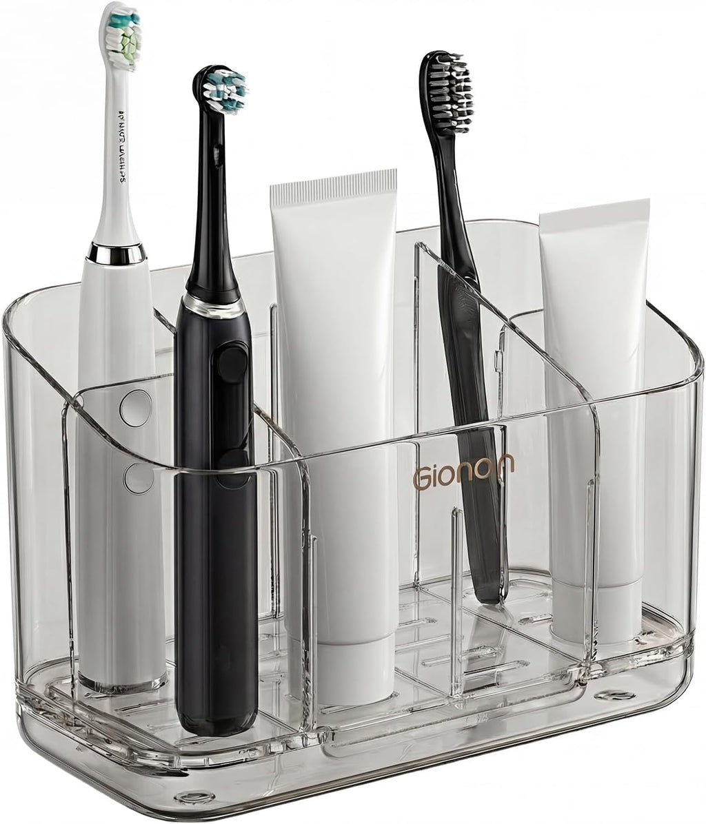 Toothbrush Holder for Bathroom Wall Mounted, 5 Slots Acrylic Toothbrush and Toothpaste Organizer with Removable Dividers Large Capacity Electric Toothbrush Holder for Bathroom Accessories, Smoke Grey