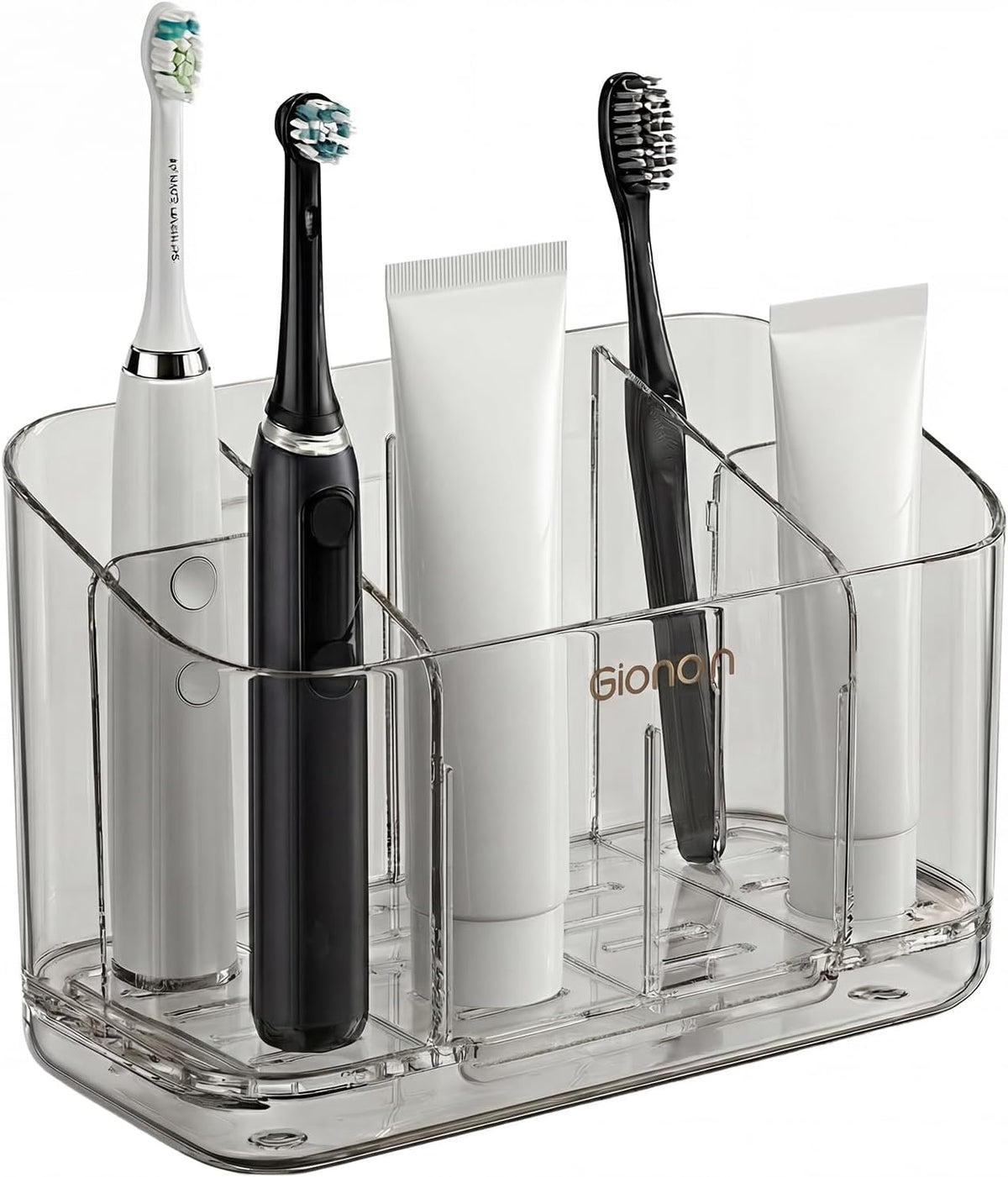Toothbrush Holder for Bathroom Wall Mounted, 5 Slots Acrylic Toothbrush and Toothpaste Organizer with Removable Dividers Large Capacity Electric Toothbrush Holder for Bathroom Accessories, Smoke Grey
