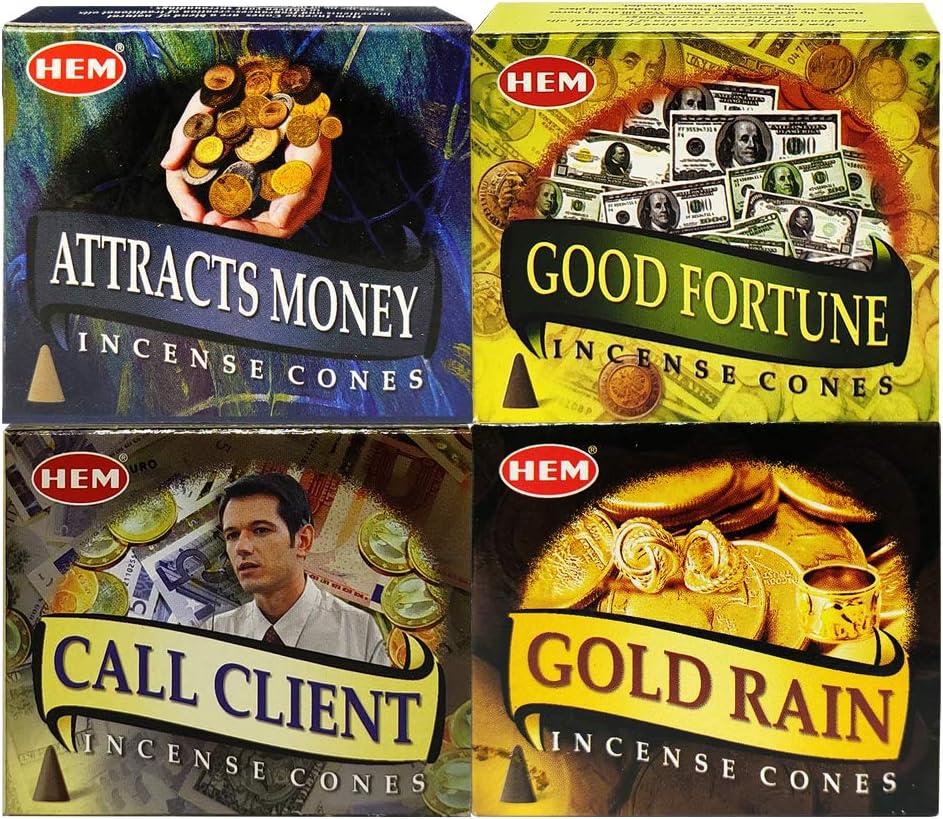 Hem Incense Cones Variety Pack #1 and Cone Incense Burner Bundle with 4 Money Luck and Business Themed Fragrances
