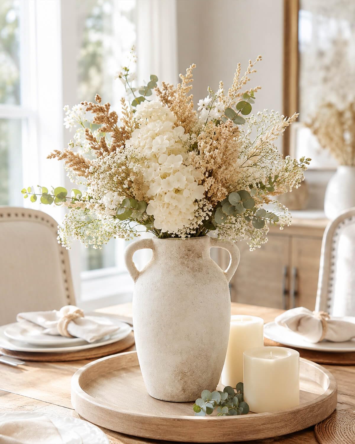 9.8 Inch Beige Ceramic Vase with Handles, Rustic Farmhouse Jug