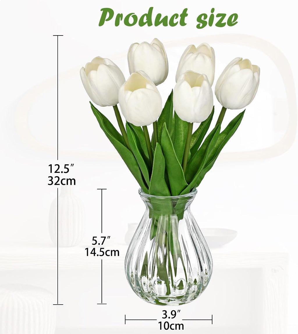 Oairse Artificial Tulips Flowers Floral Arrangement - 6 Stems Faux Flowers with Clear Glass Vase with Faux Water 12.5" White Fake Tulips Bouquet Centerpiece for Table Living Room Home Office Decor