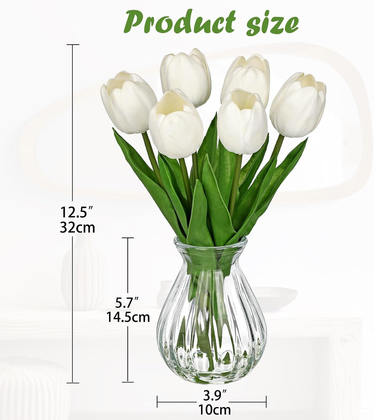 Oairse Artificial Tulips Flowers Floral Arrangement - 6 Stems Faux Flowers with Clear Glass Vase with Faux Water 12.5" White Fake Tulips Bouquet Centerpiece for Table Living Room Home Office Decor