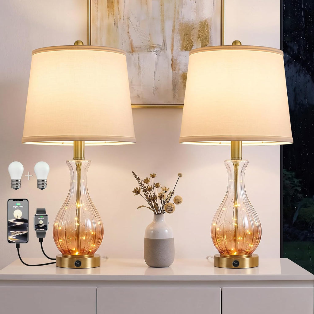 Oneach 22" Amber Glass Table Lamps with Fairy Light for Bedroom Nightstands