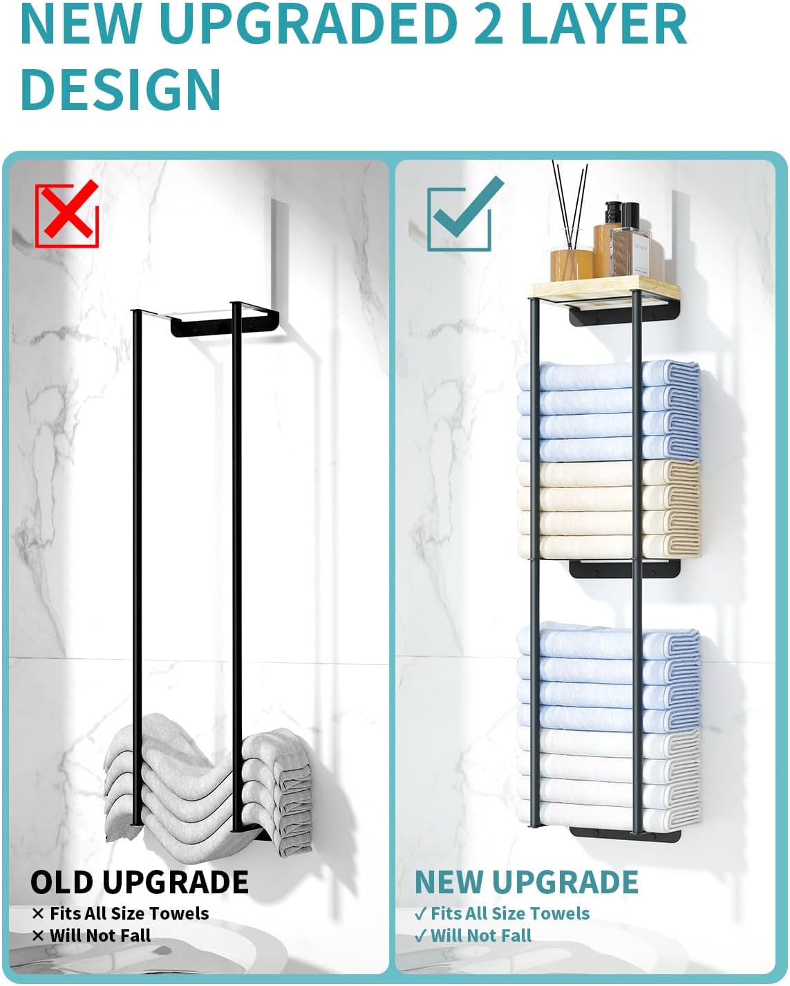 Towel Racks for Bathroom, 2 Tier Wall Towel Holder with Wood Shelf, Metal Wall Mounted Towel Rack Bathroom Organizers and Storage, Black
