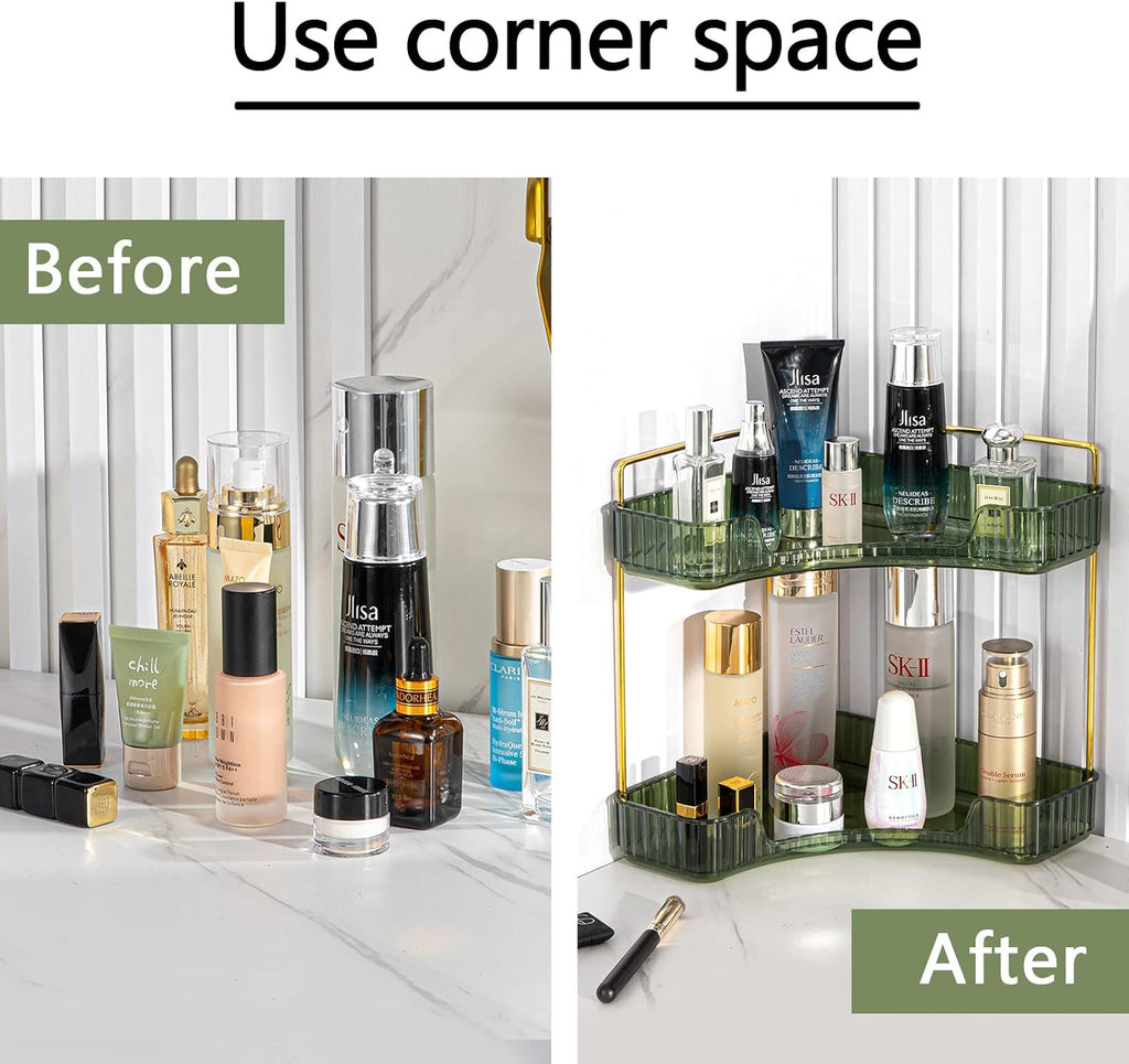 shuang qing 2-Tier Corner Bathroom Counter Organizer – Storage Shelf for Makeup, Perfume & Skincare, Space-Saving Countertop Tray Fits Bathroom, Dresser, Kitchen (Green)