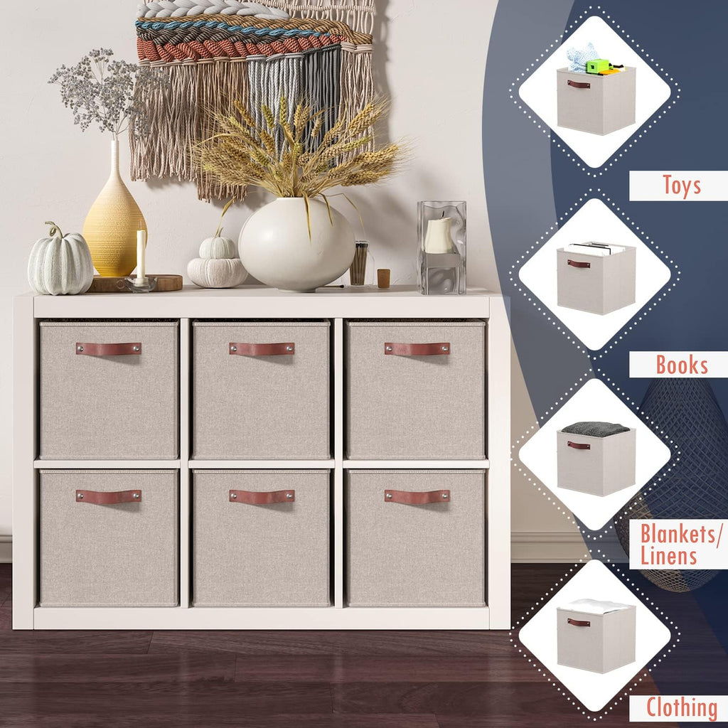 Ornavo Home 13x13 Foldable Fabric Storage Cube Bins, 6 Pack, Beige
