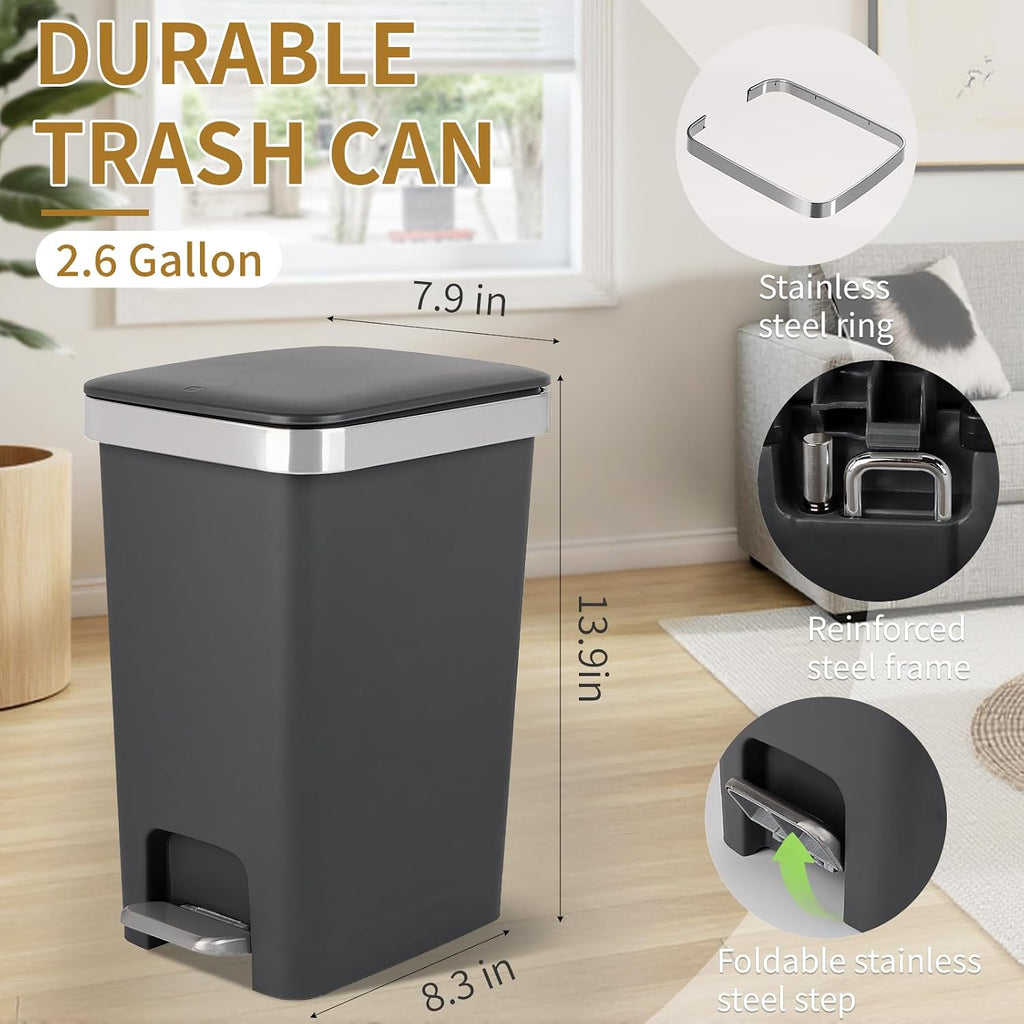 UUJOLY Small Bathroom Trash Can with Lid Step Pedal, 2.6 Gallon, Dark Grey