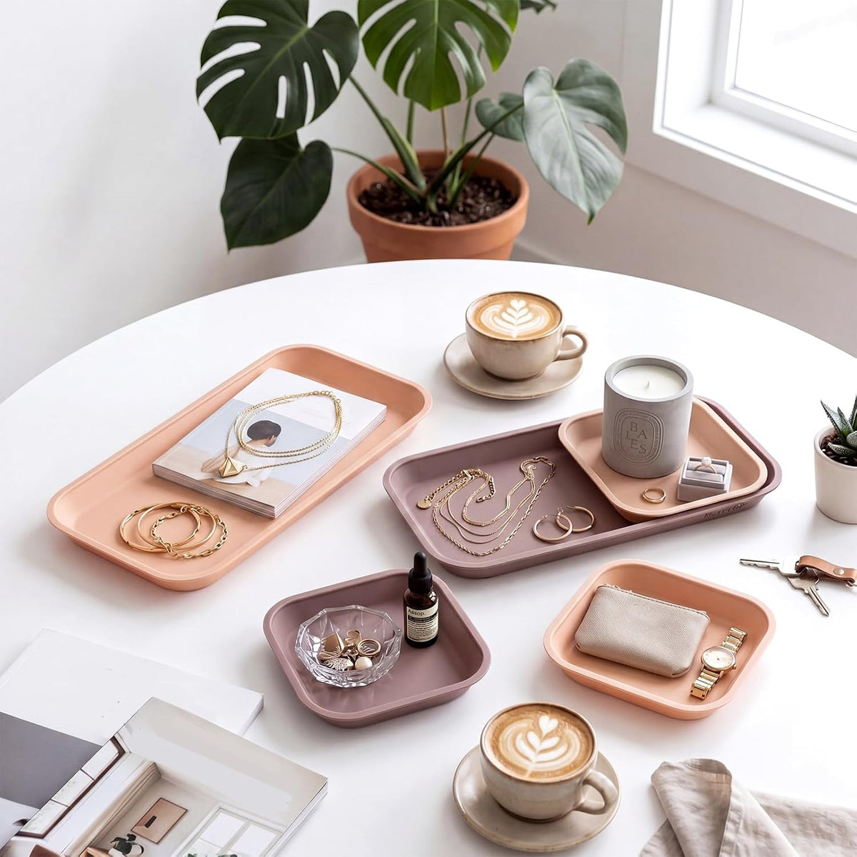 Wenqik 6 Pcs Mini Silicone Vanity Tray Bathroom Counter, Mocha, Linen, Tan