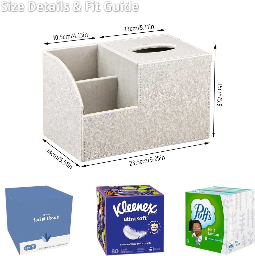 Square Tissue Box Cover with Storage, PU Leather Facial Cube Tissue Holder.TV Remote Control Holder, Desk Accessories Nightstand Organizer, Modern Table Caddy for Bathroom, Bedroom, Home, Office Decor