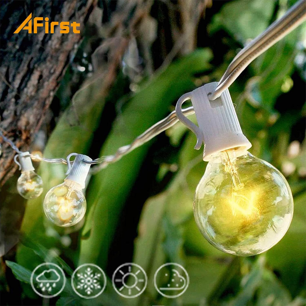 Afirst White String Lights 100FT Outdoor Patio Lights with 105 Globe Bulbs Waterproof Hanging Light for Backyard Party Wedding Lighting
