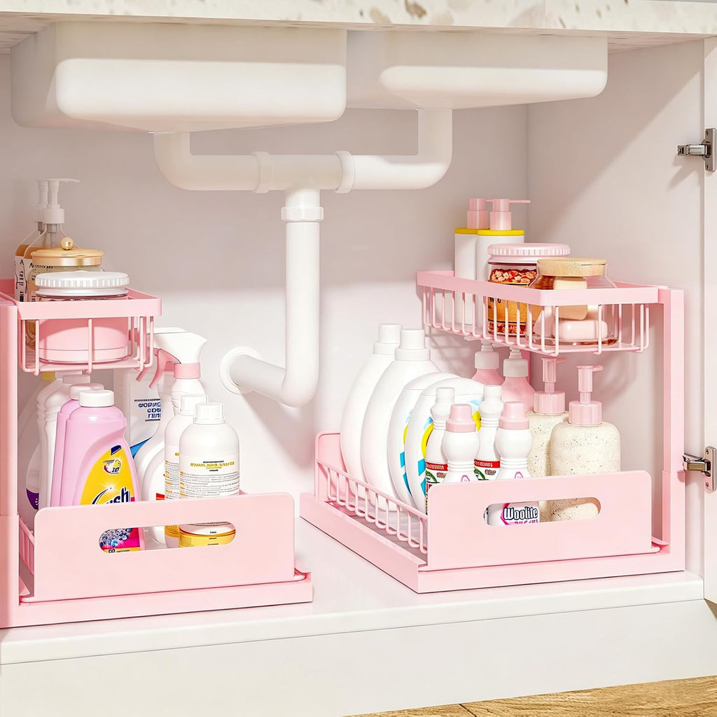 REALINN Pink Under Sink Organizer, 2 Tier Slide-Out Kitchen Cabinet Shelf