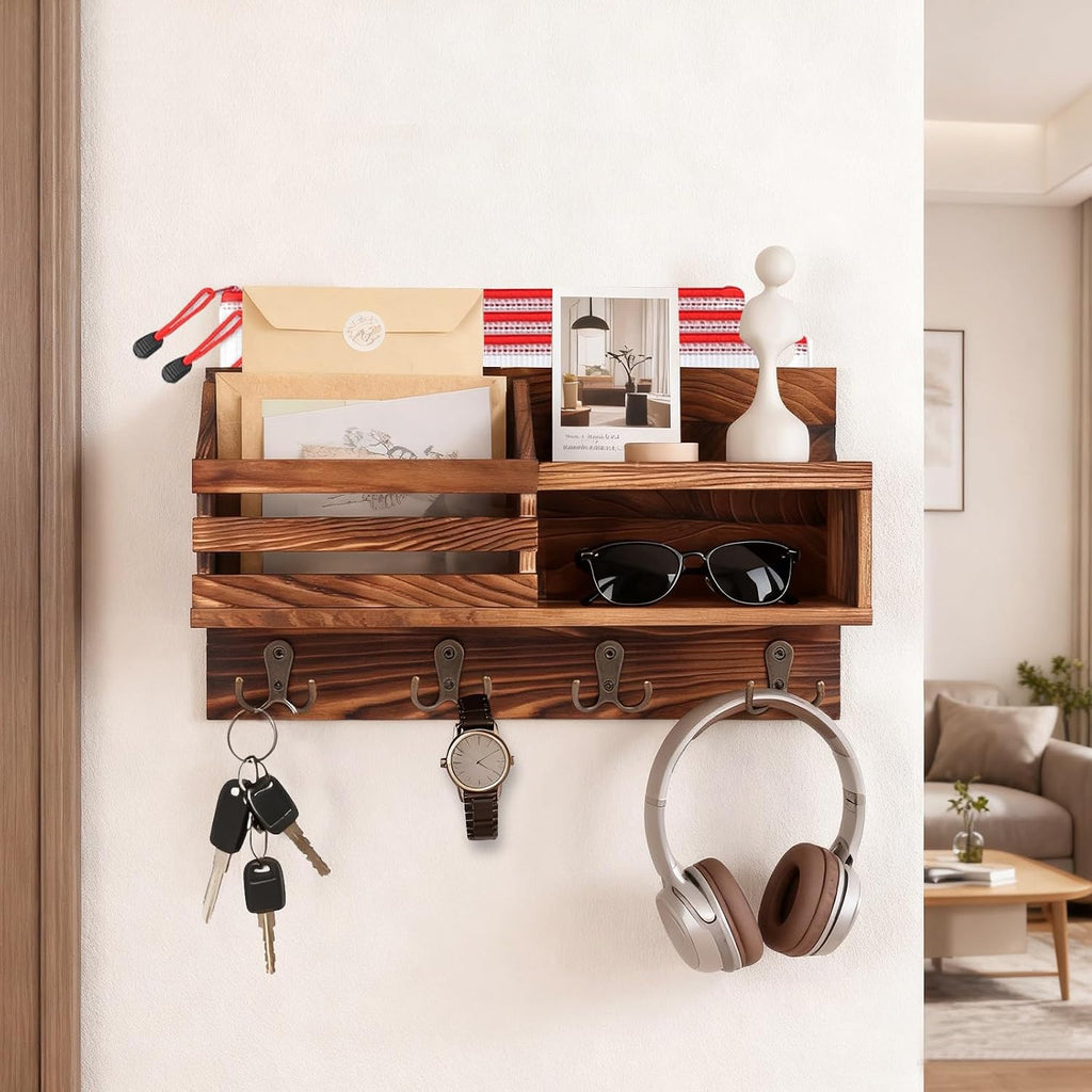 Solid Wood Key and Mail Holder for Wall, Brown