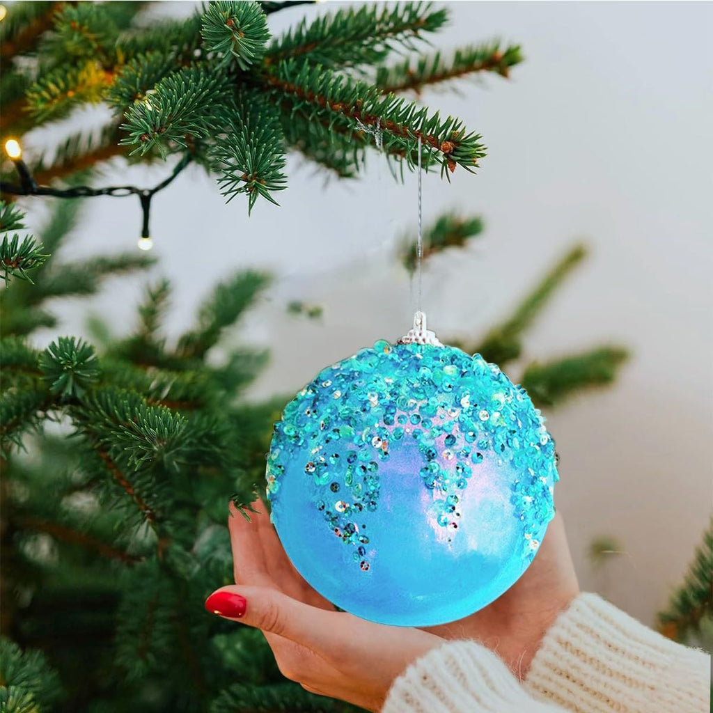 4Pcs Christmas Balls Ornaments -Shatterproof Christmas Ball for Xmas Tree Decorations Hanging,Wedding Party Holiday Decorations Fantasy Blue Glitter Ball 4in x 4 Pack