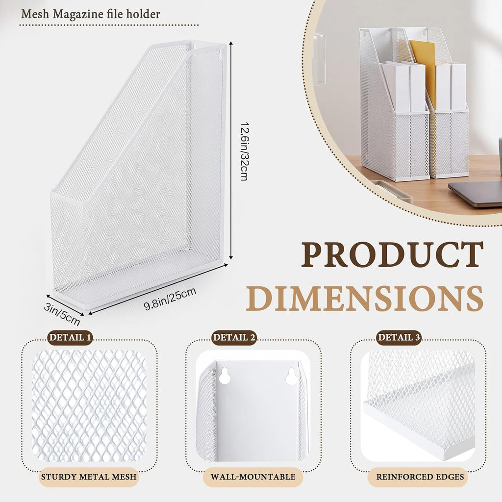 Sliner 4 Pack White Metal Magazine Holder Mesh Steel Document Rack 1 Section File Organizer Extra Wide Magazine Folder Storage Desk Tidy for Office Home, 12.6"x 9.8"x 3"