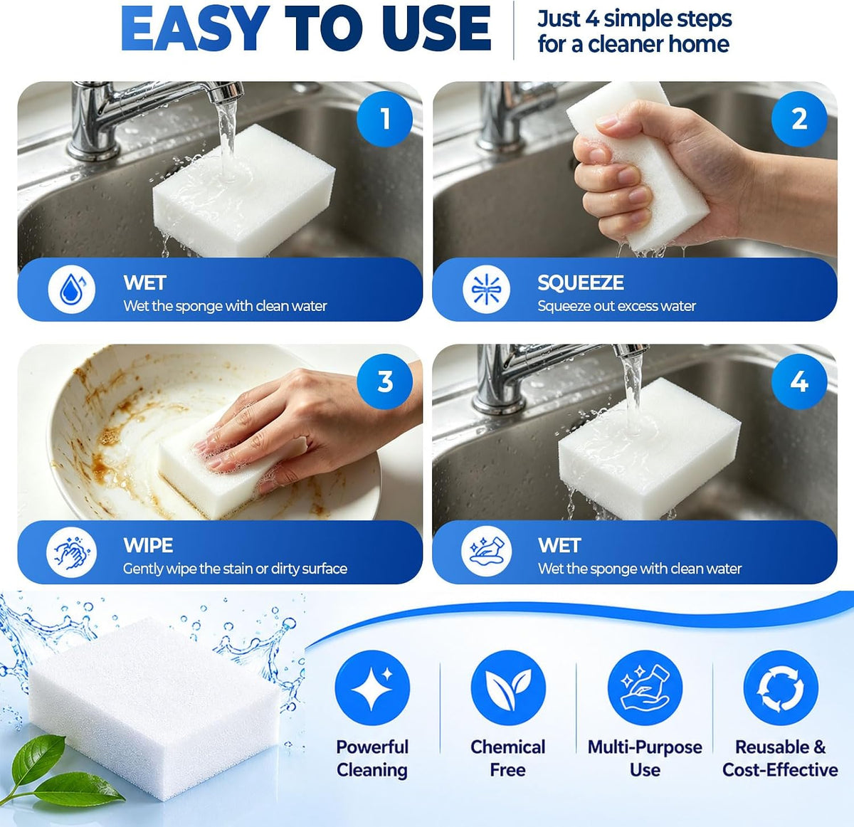 Magic Sponge - Heavy Duty Melamine Cleaning Sponge for Kitchen, Bathroom, Wall, Furniture - Non Scratch Multi Surface Cleaner (Off-White, 100 Pack 3.93“x2.36”x0.79)
