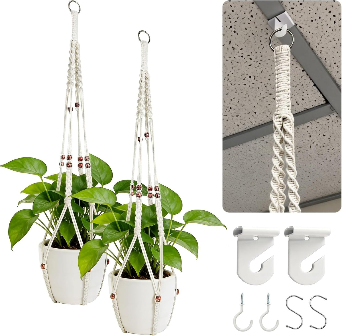 2 Pack Macrame Plant Hanger with Drop Ceiling Hooks
