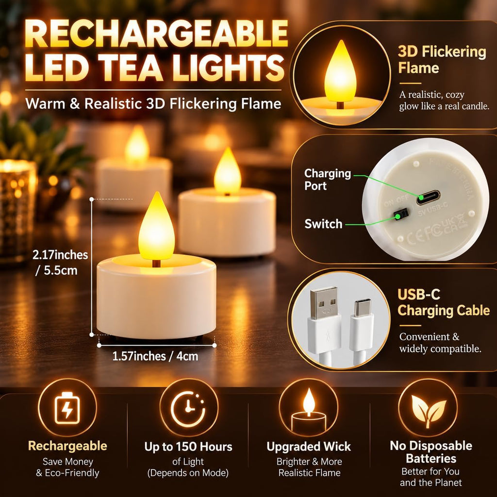 SoulBay Rechargeable Tea Lights with Remote, 12pcs Flameless Flickering LED Candles with Timer & USB Charging Cable, No Battery Needed, for Home Lantern Table Party Holiday Decorations